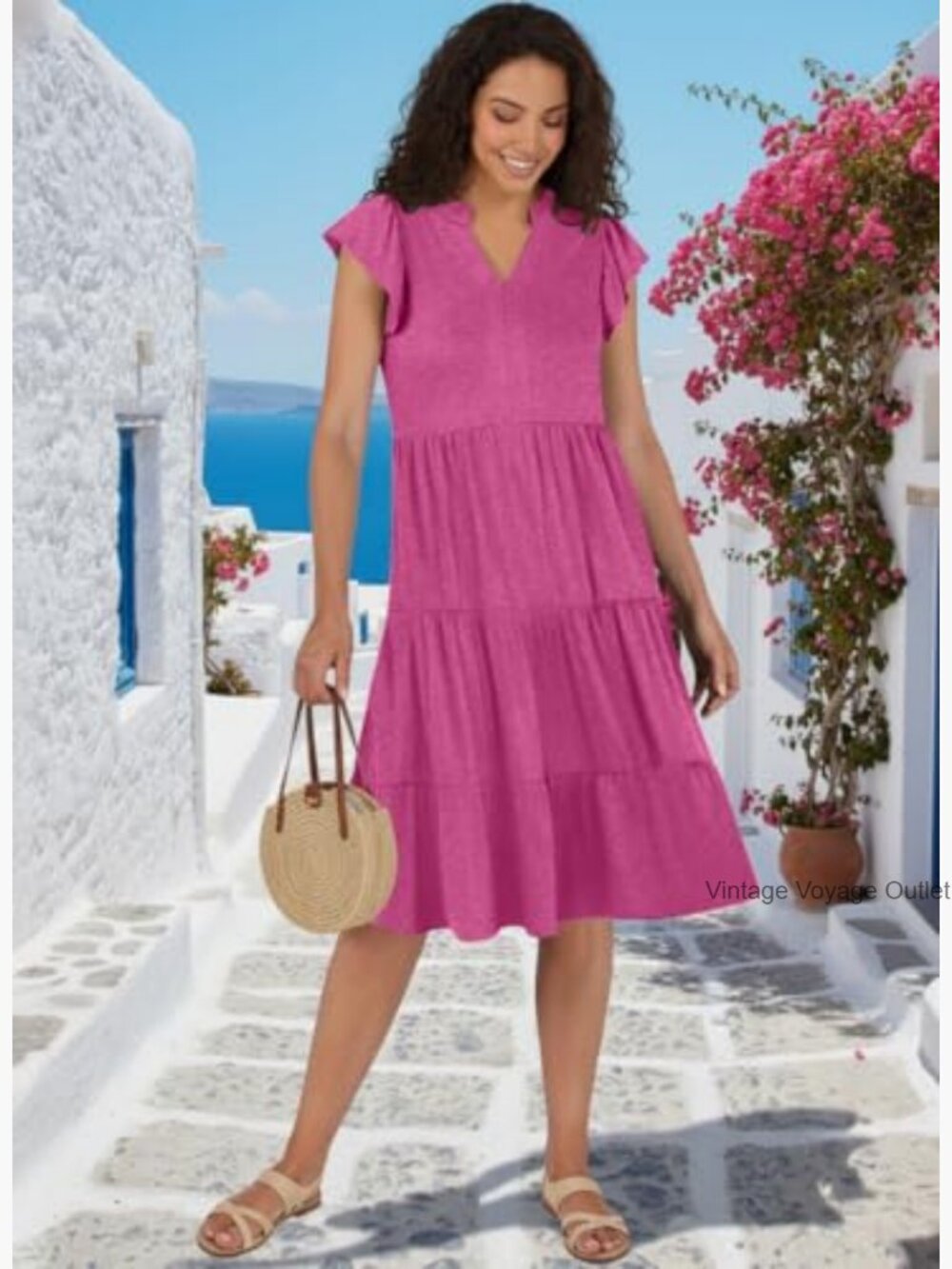 Womens Summer Dress Ruffle Sleeve V Neck Midi Casual Dress Flowy Tiered Boho - Picture 2 of 5